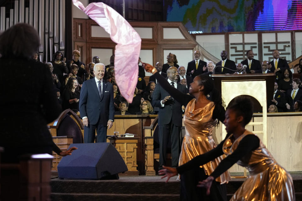 President Joe Biden attends a service honoring Martin Luther King Jr. at Ebenezer Baptist Church in Atlanta, Sunday, Jan. 15, 2023. (AP Photo/Carolyn Kaster)