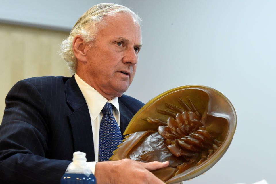 South Carolina Gov. Henry McMaster holds a model of a horseshoe crab, whose blood is a vital component in the contamination testing of injectable medicines - including the coronavirus vaccines - at Charles River Labs on Friday, Aug. 6, 2021, in Charleston, S.C. (AP Photo/Meg Kinnard)