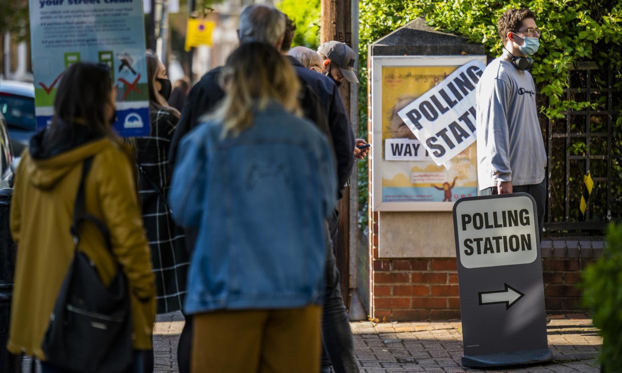 <span>Elections for the Mayor and London Assembly under eased covid lockdown conditions, in Balham, Wandsworth, London, UK, on 06 May 2021.<br>Covid rules and the desire to vote (with plenty of young people in evidence), led to queues at a polling station in Wandsworth. </span><span>Photograph: Guy Bell/REX/Shutterstock</span>