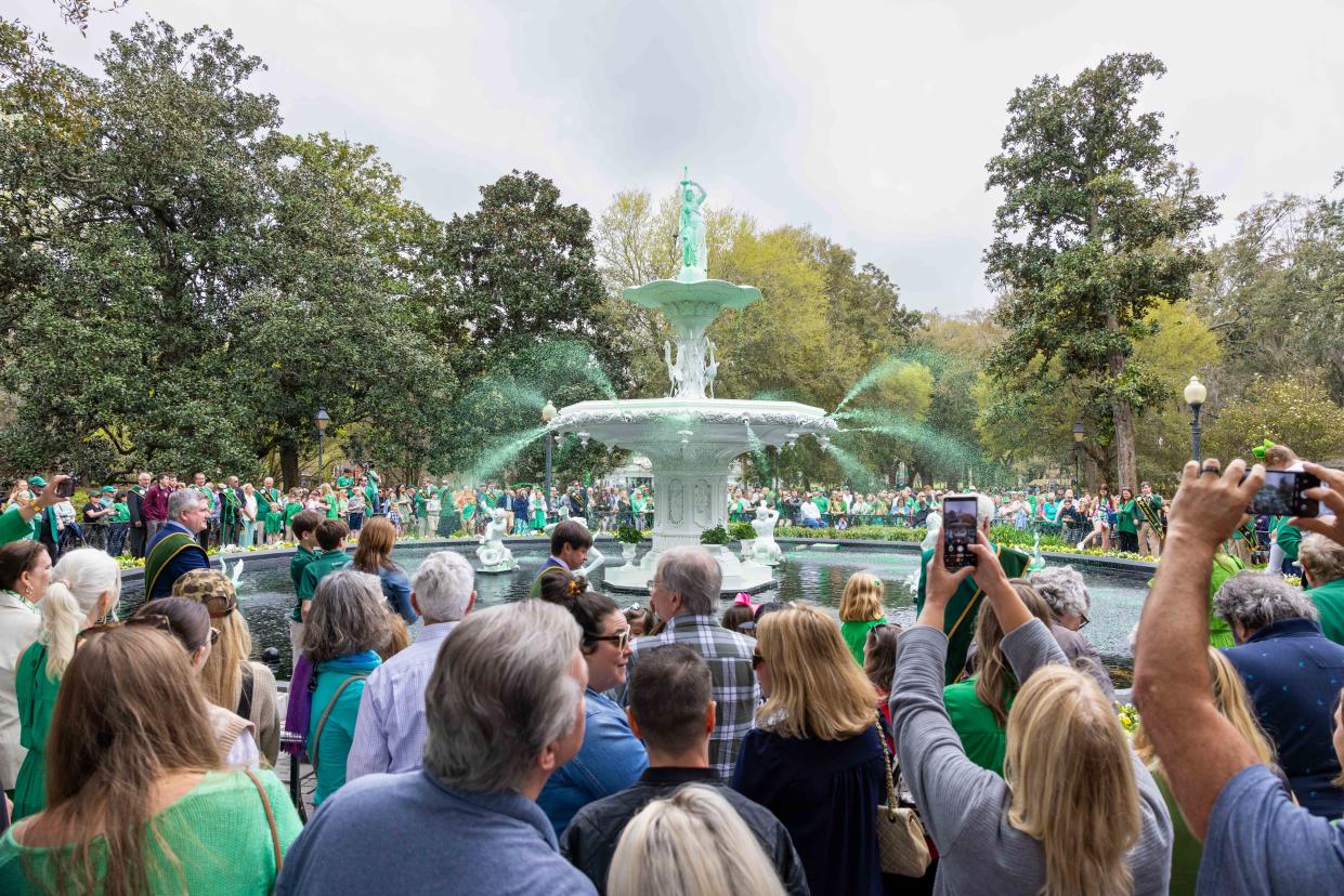The green water will be flowing through the Forsyth Park Fountain and in the Savannah squares with fountains until after St. Patrick's Day. (Casey Jones for the Savannah Morning News)
