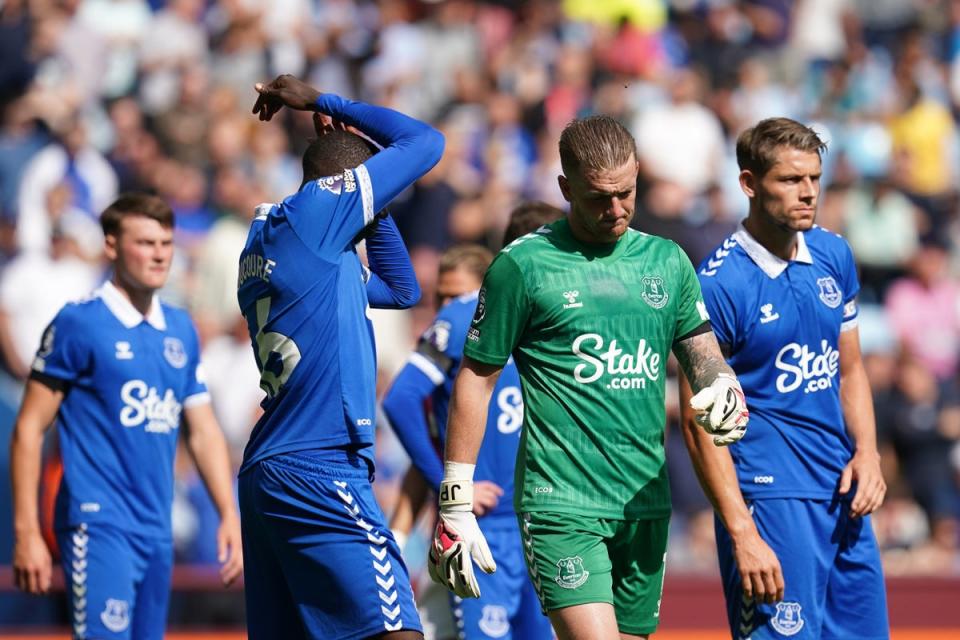 Everton players react to their thrashing at Aston Villa on Sunday (PA)