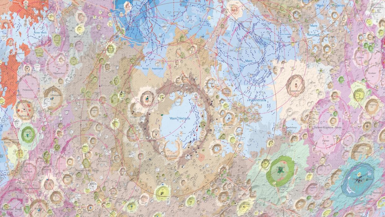  A detail of a geological map of the moon released by Chinese scientists in 2022. An even more detailed moon 'atlas' is now available, revealing more than 12,000 lunar structures. . 