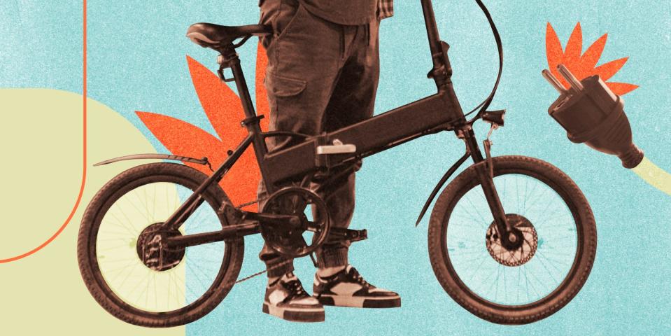 The Great Transition Series: Commuter pushing electric bike and electric bike plug surrounded by for sustainability graphic elements