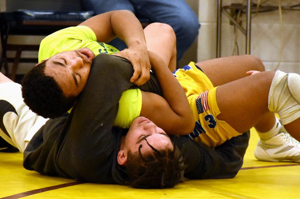 Central Valley Academy's Ethan Randall (top) and Mt. Markham's Dominic Jones wrestle at a multiple team workout Tuesday ahead of the NYSPHSAA tournment. Randall is one of four Central Valley Academy wrestlers who have advanced to Saturday's semifinals.