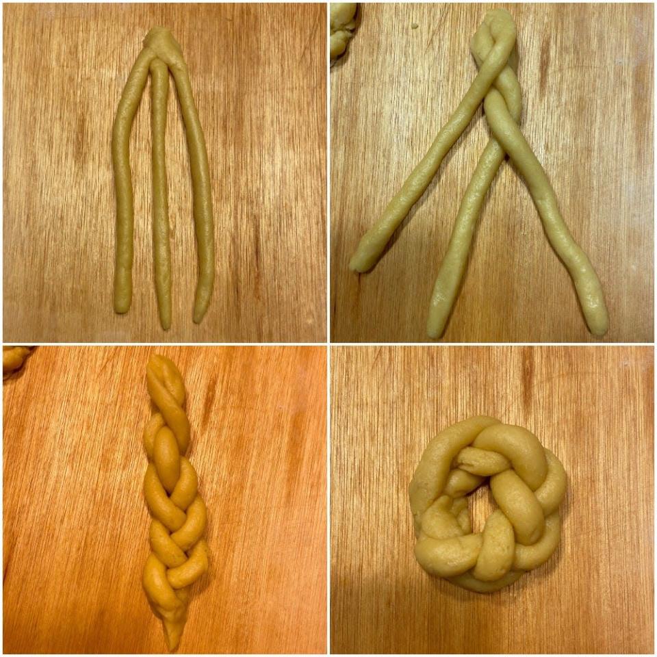 A collage of three thin long sticks of dough combined at one end, being overlapped, forming a full braid, and both ends being connected to form a circle.