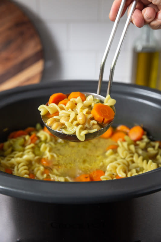 <p>Food with Feeling</p><p>Add protein to your soup without the meat! We love this chickpea noodle soup any time of the year.</p><p><strong>Get the Recipe: <a href="https://foodwithfeeling.com/crock-pot-chickpea-noodle-soup/" rel="nofollow noopener" target="_blank" data-ylk="slk:Crock Pot Chickpea Noodle Soup;elm:context_link;itc:0;sec:content-canvas" class="link rapid-noclick-resp">Crock Pot Chickpea Noodle Soup</a></strong></p>