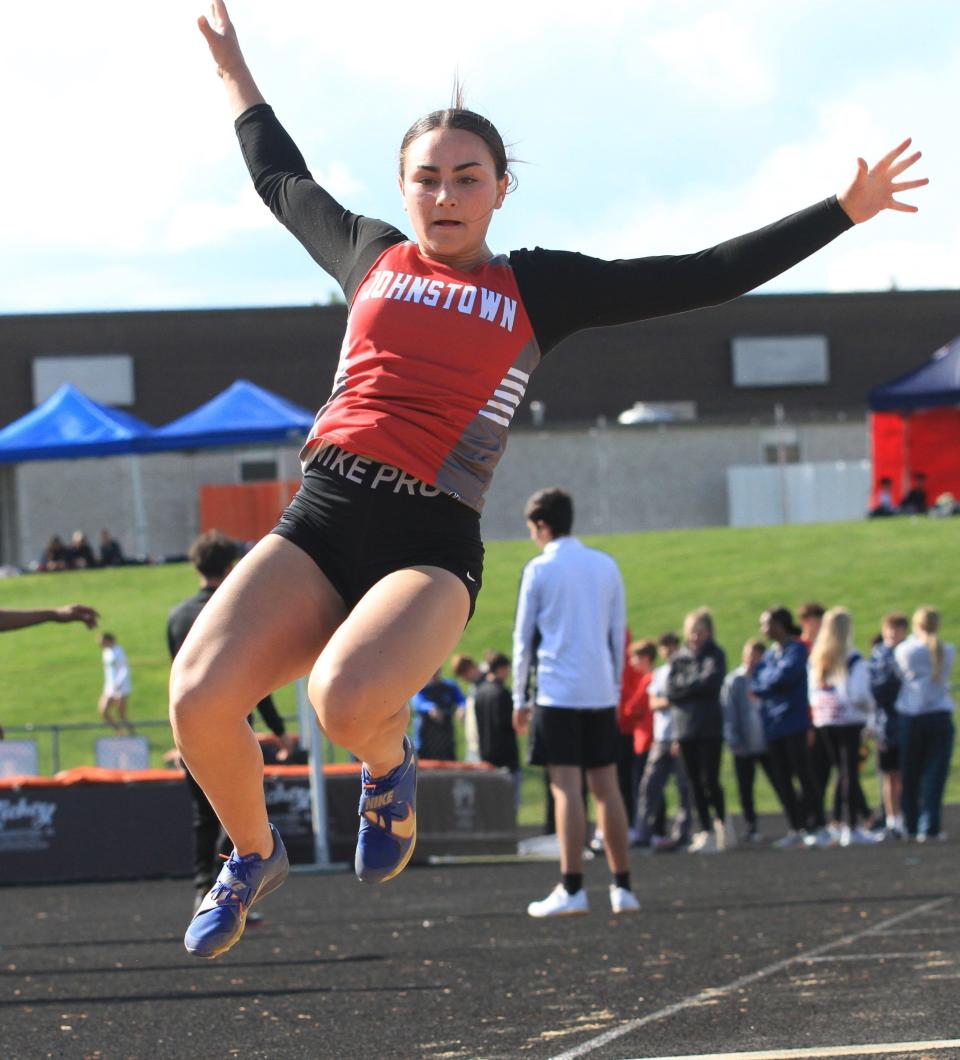 Johnstown's Kate Ruffle competes in the Cardinal Division long jump during the Licking County League championships at Heath on Friday, May 10, 2024.