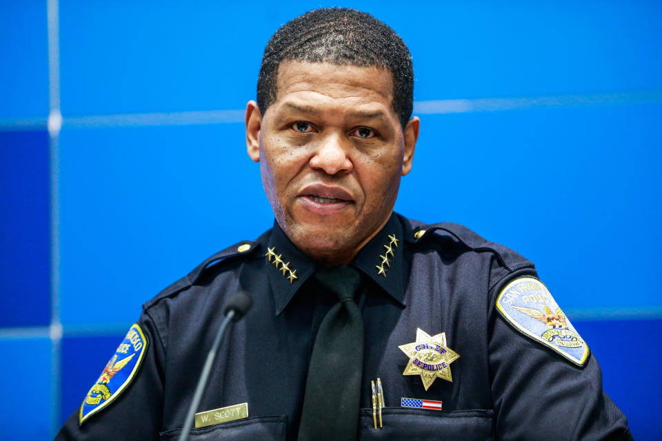 San Francisco Police Chief William Scott speaks during a news conference.