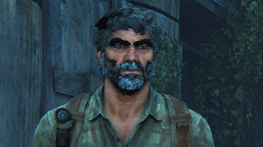  A bug-afflicted Joel in the PC port of The Last of Us, with incredibly bushy eyebrows. 