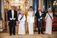 <p>Donald Trump, Queen Elizabeth, Melania Trump, Prince Charles, and Camilla, Duchess of Cornwall pose just outside the banquet. </p>