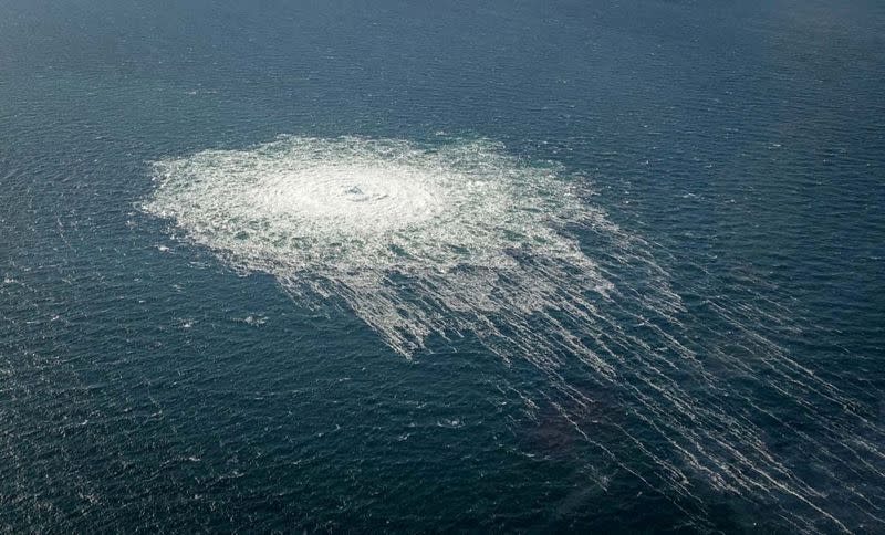 FILE PHOTO: Gas bubbles from the Nord Stream 2 leak reaching surface of the Baltic sea in the area shows disturbance of well over one kilometre diameter near Bornholm