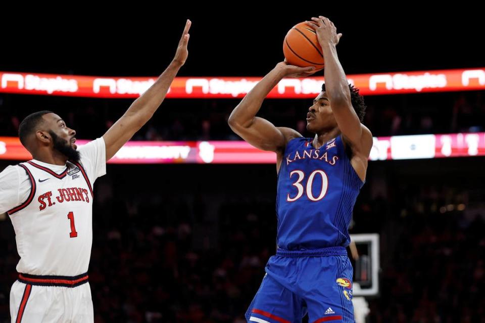 Kansas guard Ochai Agbaji had 37 points and seven rebounds in the Jayhawks’ 94-91 double-overtime victory over Texas Tech on Monday night.