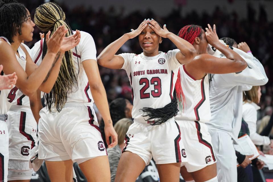 South Carolina guard Bree Hall (23) reacts to a basket by a teammate during the first half of an NCAA college basketball game against Missouri Sunday, Jan. 15, 2023, in Columbia, S.C. (AP Photo/Sean Rayford)