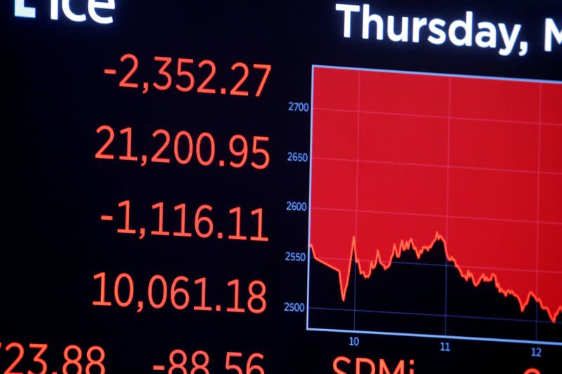 A price screen display is seen above the floor of the New York Stock Exchange (NYSE) after the close of trading in New York