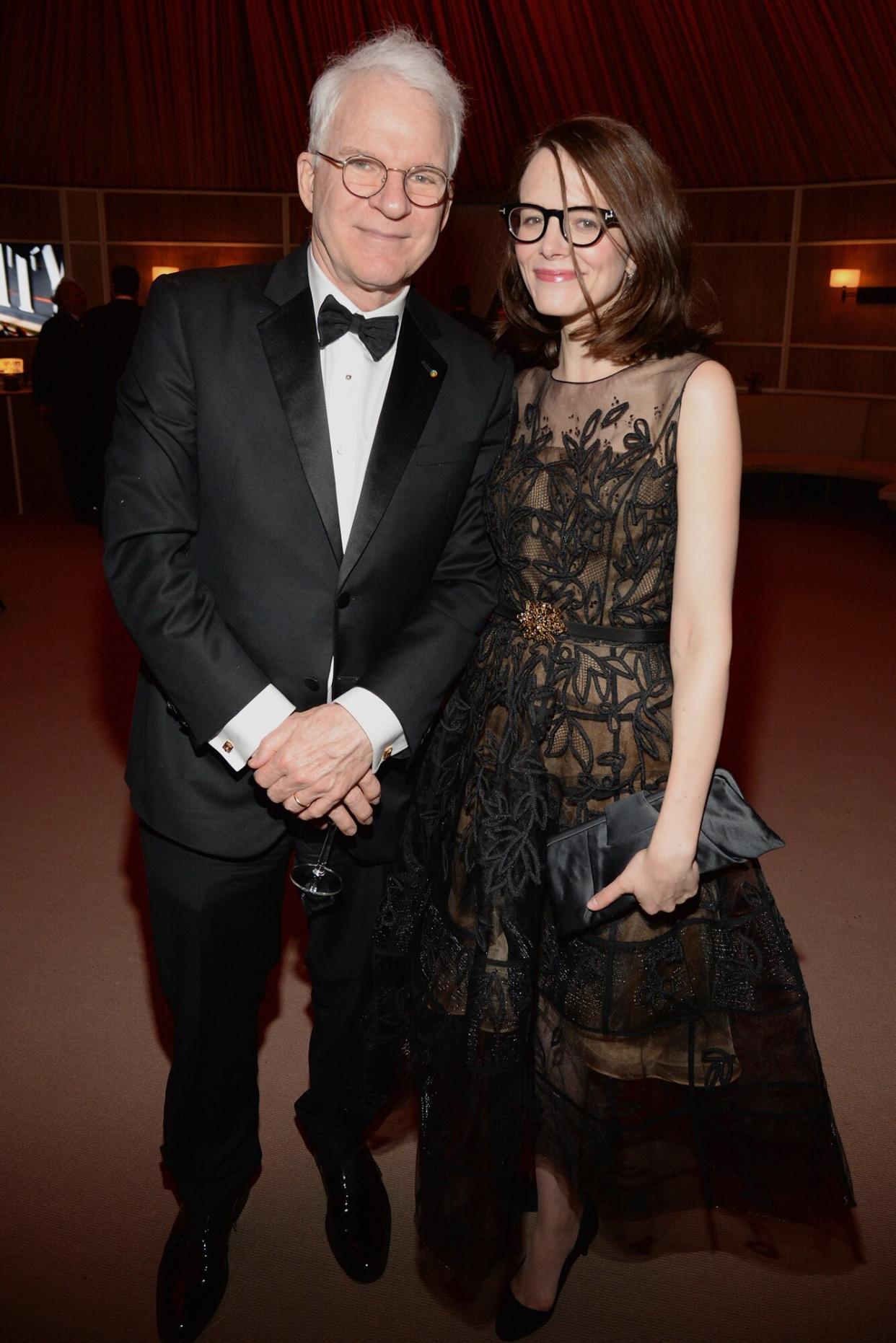 Steve Martin and Anne Stringfield attend the 2015 Vanity Fair Oscar Party hosted by Graydon Carter at the Wallis Annenberg Center for the Performing Arts on February 22, 2015 in Beverly Hills, California