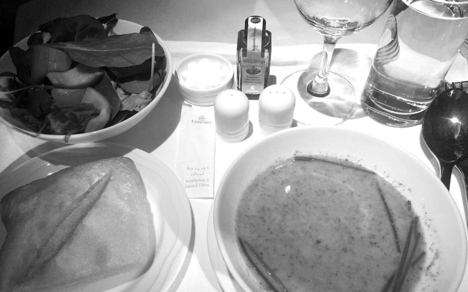 <p>This gives you a sense of what the meal setup looks like: real glassware, utensils, china, and linens. I ordered the cream of mushroom soup for a dinner appetizer, which was served with warm bread and a green salad. Here, and throughout the flight, I found the food attractively and professionally presented and also slightly blander than I’d hoped—not the very best I’ve had in the air, but perfectly good.</p>