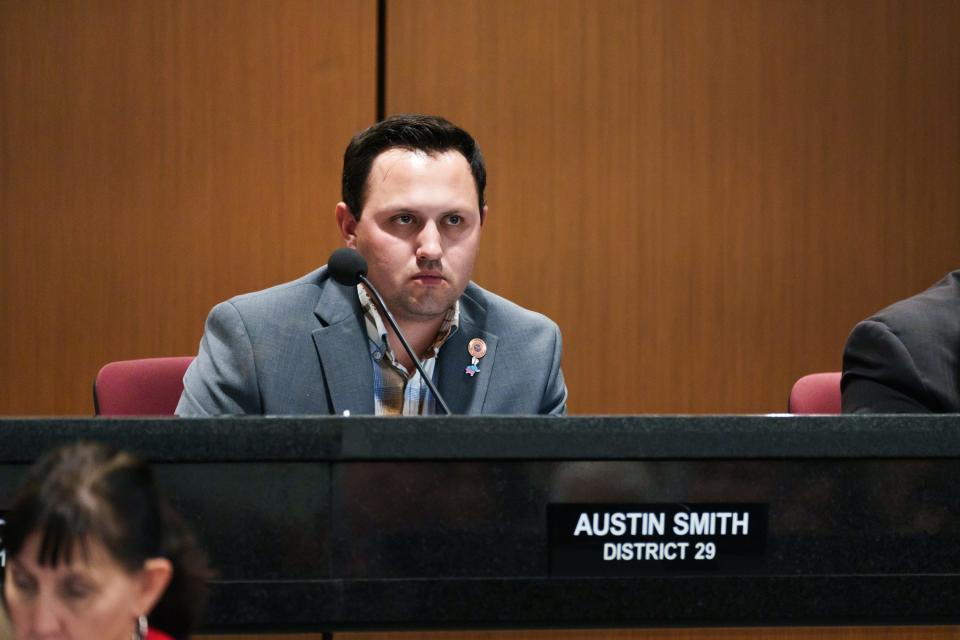 Rep Austin Smith attends a joint house and senate election committee hearing at the State Capital on Feb. 23, 2023, in Phoenix, Ariz.