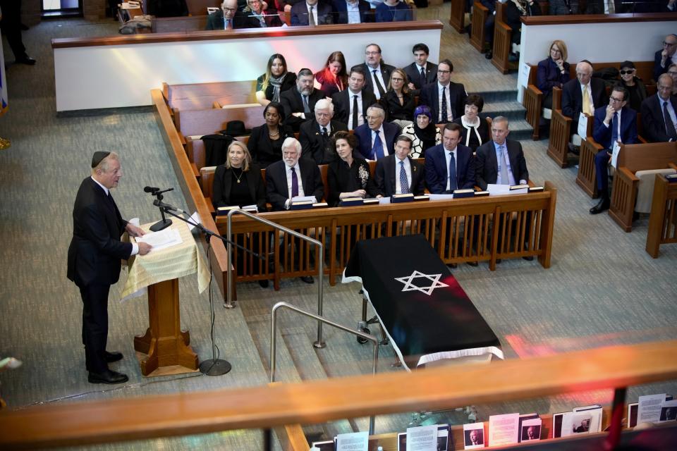 Former Vice President Al Gore speaks at the funeral for former Sen. Joe Lieberman in Stamford, Conn., Friday, March. 29, 2024. (AP Photo/Bryan Woolston)