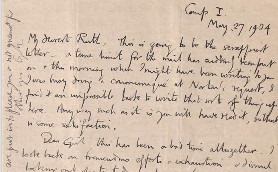 A photograph of one of the letters, beginning 'My dearest Ruth, This is going to be the scrappiest letter...'