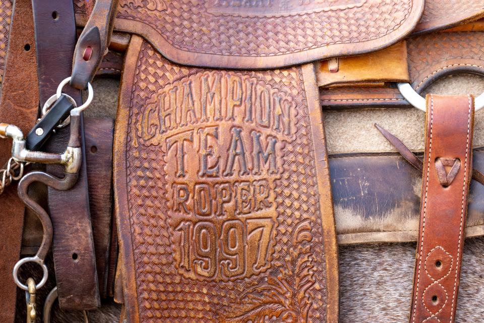 Jacob Mendenhall’s 1997 Rodeo Champion saddle is pictured at his home in Oklahoma City.