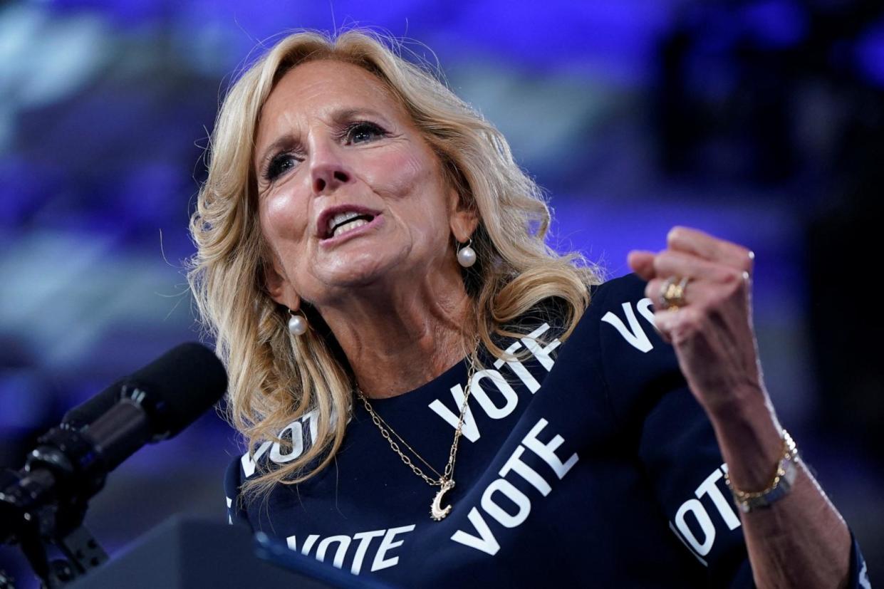 PHOTO: First lady Jill Biden speaks during a U.S. President Joe Biden's rally in Raleigh, North Carolina, June 28, 2024.  (Elizabeth Frantz/Reuters)