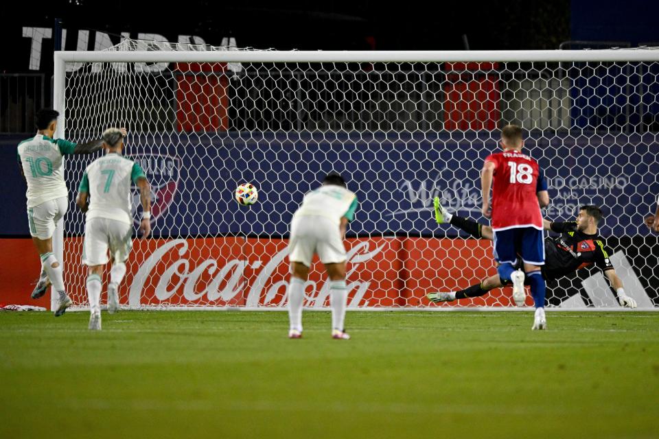 Austin FC midfielder Sebastián Driussi, left, scores on a penalty kick in the second half of Saturday night's 2-1 loss to FC Dallas at Toyota Stadium in Frisco. This week will be a short turnaround for El Tree, which hosts Houston on Wednesday.