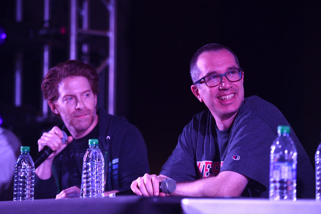 LOS ANGELES, CALIFORNIA - NOVEMBER 16: Robot Chicken producers Seth Green and Matthew Senreich speak onstage during the Adult Swim Festival at Banc of California Stadium on November 16, 2019 in Los Angeles, California. (Photo by Scott Dudelson/Getty Images)