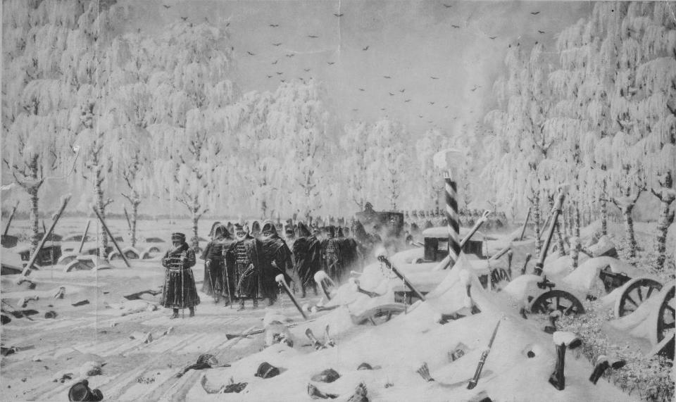 A painting of French Emperor Napoleon Bonaparte and the Grande Armee flee the pursuing Russian army in the snow on the retreat from Moscow.