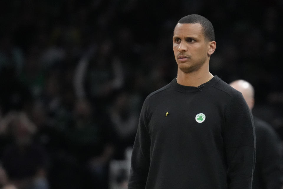 Boston Celtics head coach Joe Mazzulla during Game 2 of the NBA basketball Eastern Conference Finals series, Friday, May 19, 2023, in Boston.  (AP Photo/Charles Krupa)