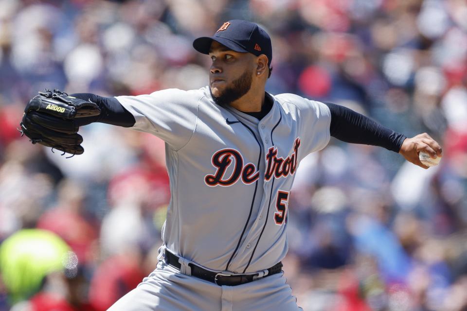 Eduardo Rodriguez of the Detroit Tigers pitches against the Cleveland Guardians during the second inning at Progressive Field on May 10, 2023 in Cleveland, Ohio.