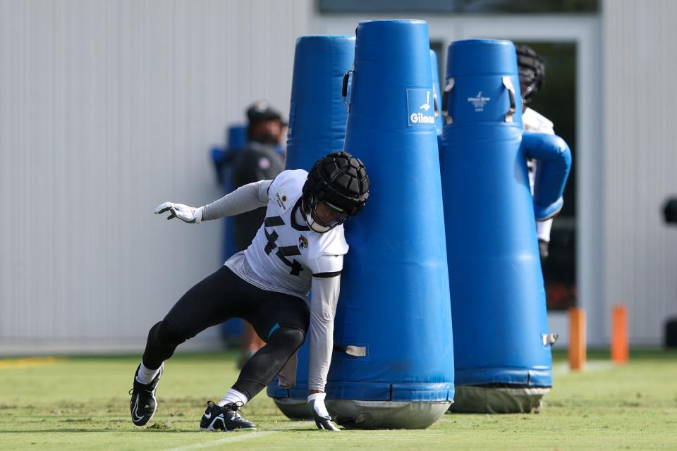 July 27:  Jacksonville Jaguars linebacker Travon Walker participates in training camp at Miller Electric Performance Center.