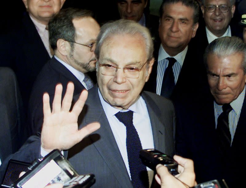 FILE PHOTO: New Peruvian Prime Minister Javier Perez de Cuellar talks to reporters after his arrival to Lima