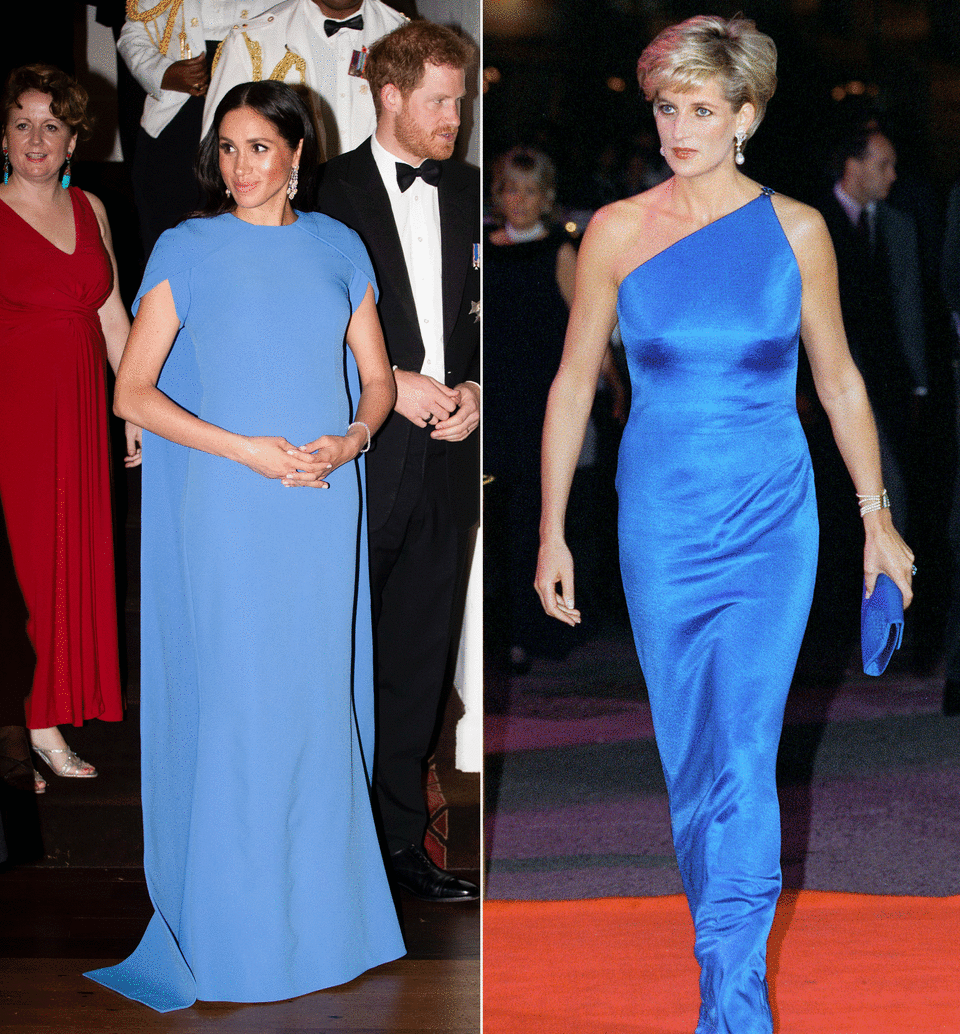 <p>Meghan stunned in a blue caped gown by designer Safiyaa while in Fiji in 2018. Diana wore a similar gown in 1996. Source: Getty </p>