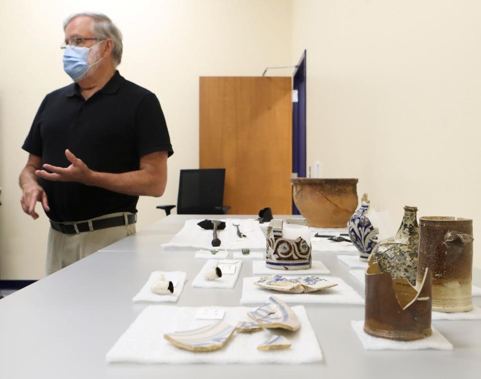 Archeologist Dan Griffith talks about the continuing findings from the archaeological dig of Avery's Rest in front of objects collected at the site at the State of Delaware Center for Material Culture in Dover. Study of the site - which included multiple well-preserved graves- is acclaimed as providing a fuller picture of life in colonial Delaware and of its inhabitants.