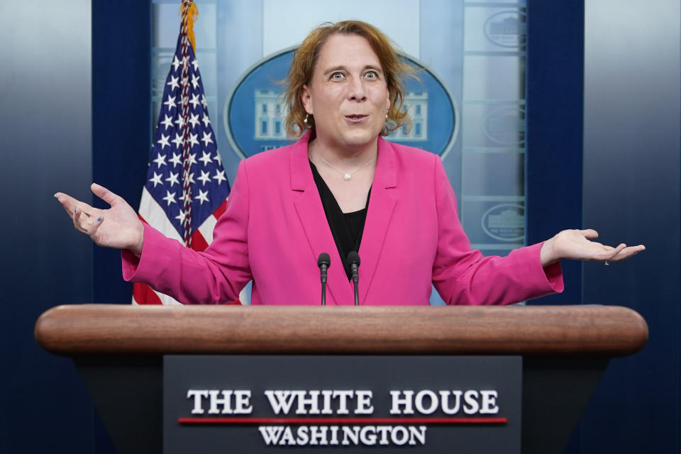 "Jeopardy!" champion Amy Schneider speaks with members of the press in the James S. Brady Press Briefing Room at the White House, Thursday, March 31, 2022, in Washington. Schneider was visiting the White House to participate in Transgender Day of Visibility. (AP Photo/Patrick Semansky)