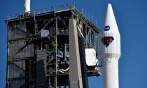 The capsule with NASA's Lucy spacecraft, atop a United Launch Alliance Atlas 5 rocket, stands at Pad-41 at Cape Canaveral Space Force Station