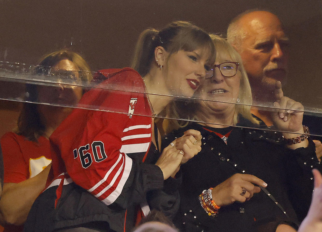 Taylor Swift and Donna Kelce at the Kansas City Chiefs and the Denver Broncos at GEHA Field at Arrowhead Stadium on Oct. 12, 2023 in Kansas City, Missouri. (David Eulitt / Getty Images)