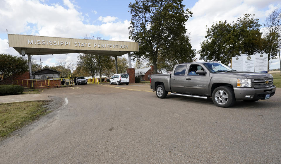 FILE - The front gate of the Mississippi State Penitentiary in Parchman, Miss., is shown Nov. 17, 2021. Thomas Edwin Loden Jr., 58, is set to receive a lethal injection at the penitentiary on Wednesday, Dec. 14, 2022. He's been on death row since 2001, when he pleaded guilty to capital murder, rape and four counts of sexual battery against 16-year old Leesa Marie Gray. (AP Photo/Rogelio V. Solis, File)