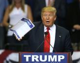 Republican presidential candidate Donald Trump speaks during a campaign rally at the University of South Florida Sun Dome, in Tampa, Florida, on February 12, 2016