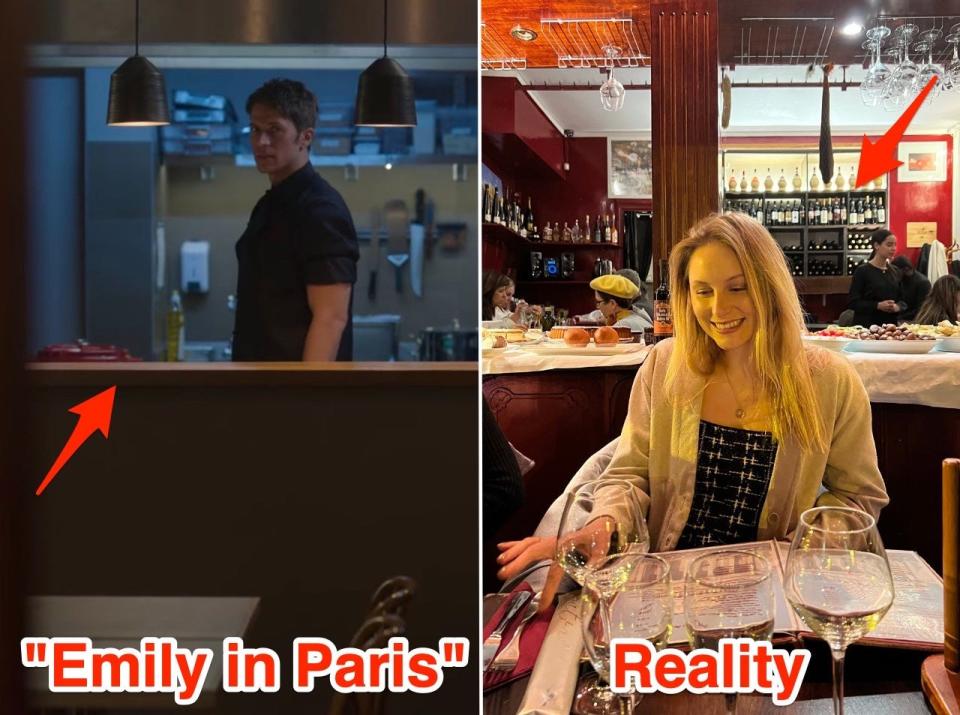 Inside Gabriel's restaurant in "Emily in Paris" (L) and in reality (R).