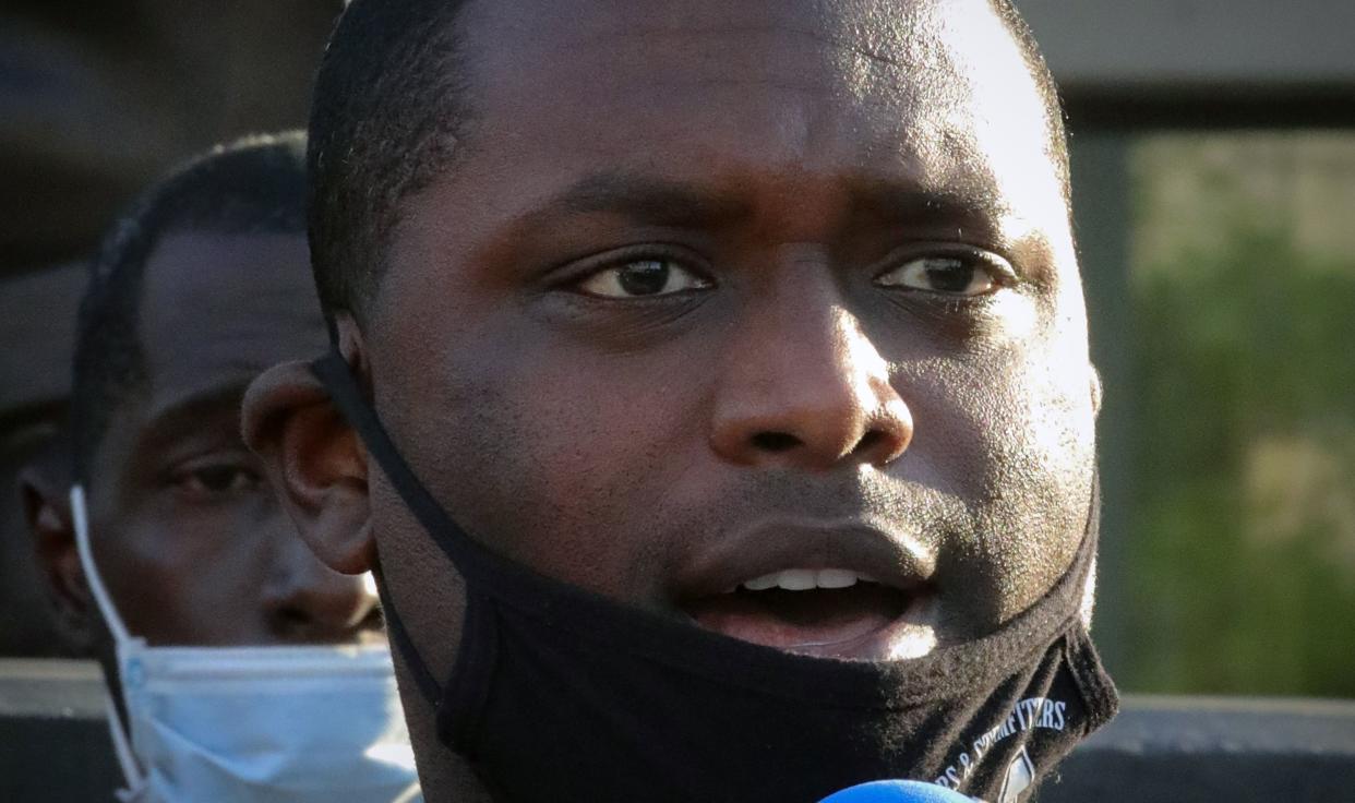 FILE - Mondaire Jones speaks during a rally, July 15, 2020, in White Plains, N.Y. 