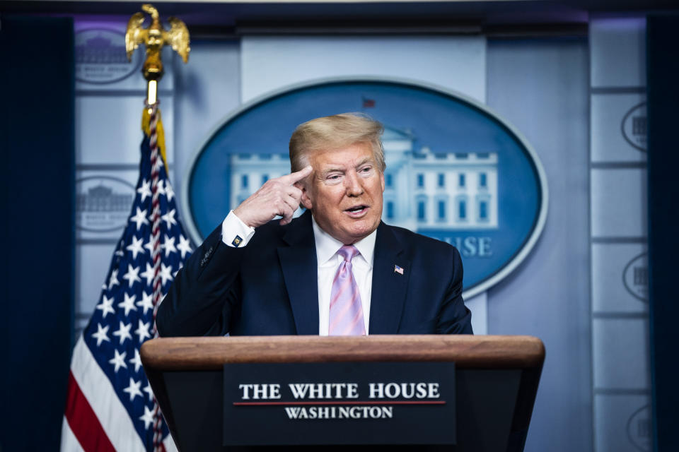 President Donald Trump speaks with members of the coronavirus task force in the James S. Brady Press Briefing Room at the White House on Friday, April 10, 2020. (Photo: Photo by Jabin Botsford/The Washington Post via Getty Images)