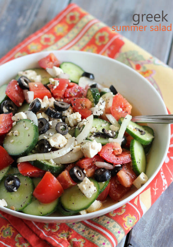 <p>The Blond Cook</p><p>A super-easy and healthy Greek-inspired summer salad!</p><p><a href="http://theblondcook.com/2014/06/greek-summer-salad/#_a5y_p=2060208" rel="nofollow noopener" target="_blank" data-ylk="slk:Get the recipe!;elm:context_link;itc:0;sec:content-canvas" class="link rapid-noclick-resp">Get the recipe!</a></p>