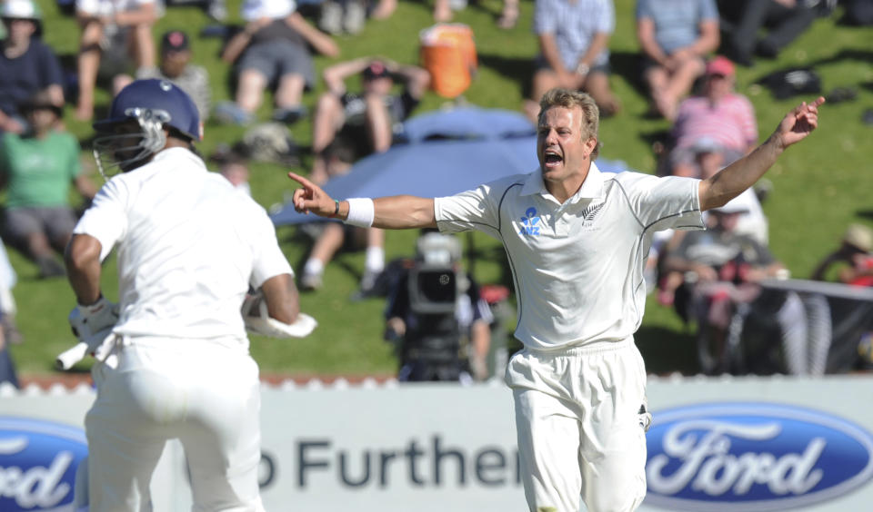 New Zealand’s Neil Wagner makes an unsuccessful appeal for the wicket of India’s Shikar Dhawan on the first day of the second cricket test in Wellington, New Zealand, Friday, Feb. 14, 2014.