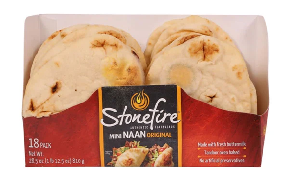 A package of Stonefire Mini Naan Bread against a white background
