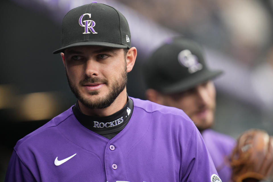 FILE - Colorado Rockies' Kris Bryant looks on in the first inning of a baseball game against the Chicago Cubs, April 16, 2022, in Denver. The Rockies have activated star outfielder Bryant from the 10-day injured list. (AP Photo/David Zalubowski, File)