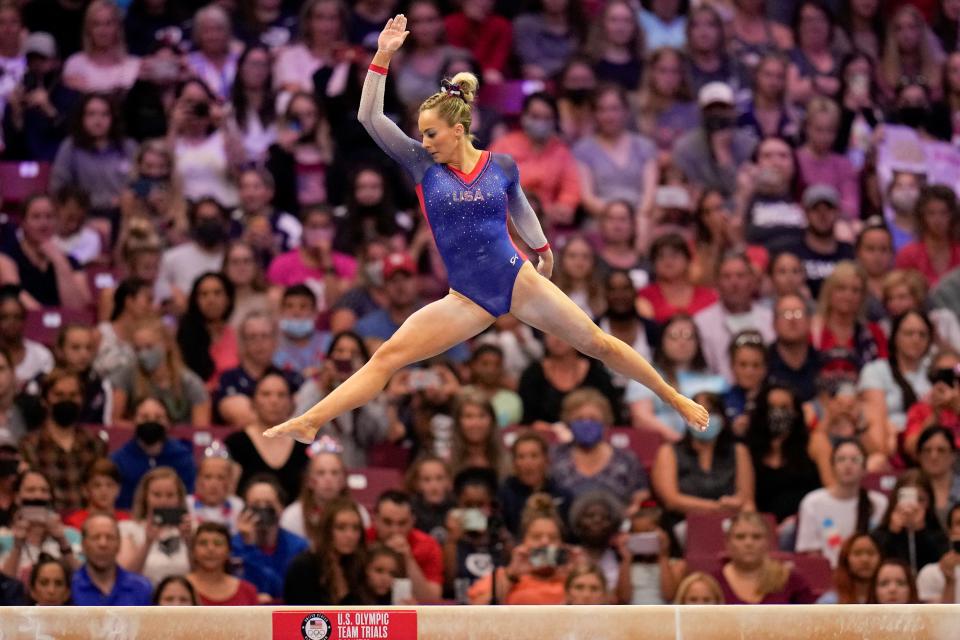 MyKayla Skinner competes on the balance beam during the women's U.S. Olympic Gymnastics Trials Sunday, June 27, 2021, in St. Louis.