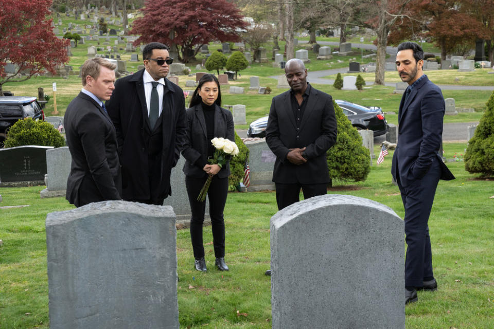 (L-R) Diego Klattenhoff as Donald Ressler, Harry Lennix as Harold Cooper, Laura Sohn as Alina Park, Hisham Tawfiq as Dembe Zuma, Amir Arison as Aram Mojtabai - Credit: Virginia Sherwood/NBC