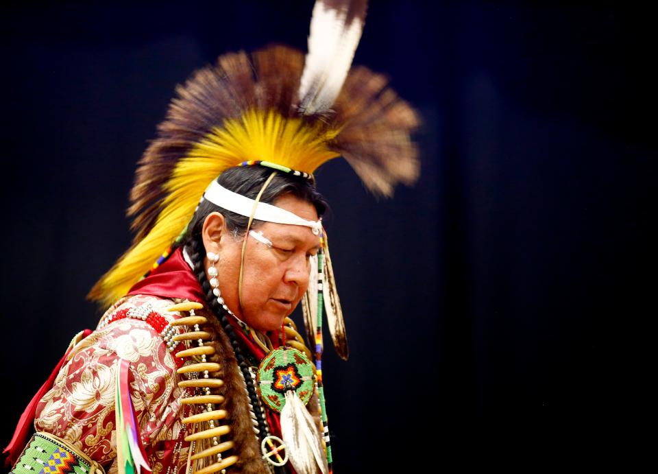 Henry Hunter, who is Sac & Fox, dances during the Red Earth Festival at Grand Casino & Hotel Resort in Shawnee, Okla.,  Saturday, June 12, 2021.