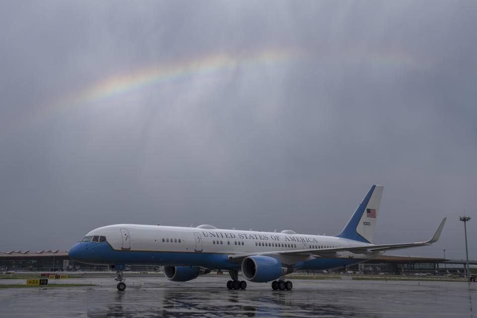 A rainbow is seen as a plane carrying Treasury Secretary Janet Yellen taxis after arriving at Beijing Capital International Airport in Beijing, China, Thursday, July 6, 2023. (AP Photo/Mark Schiefelbein, Pool)